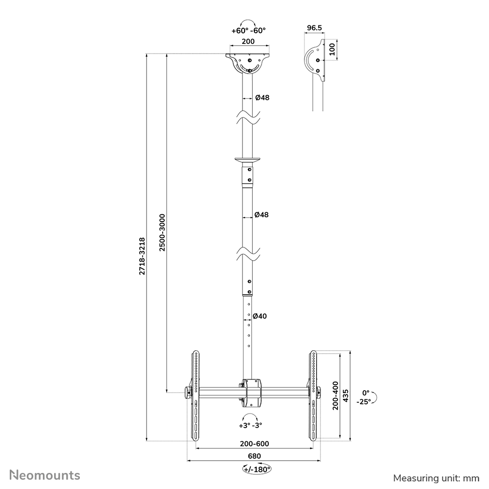 Neomounts CL35-440BL16XL Soporte de techo para monitor/TV 37-70" - alt. 250-300 cm